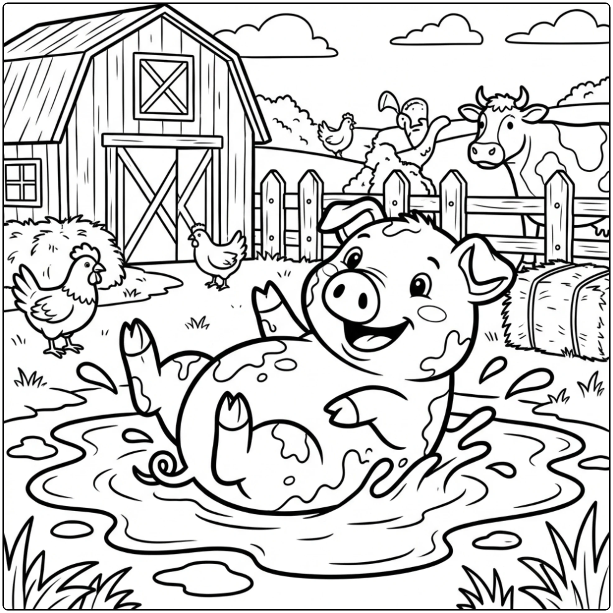 Fun pig in mud farm scene Animal coloring page