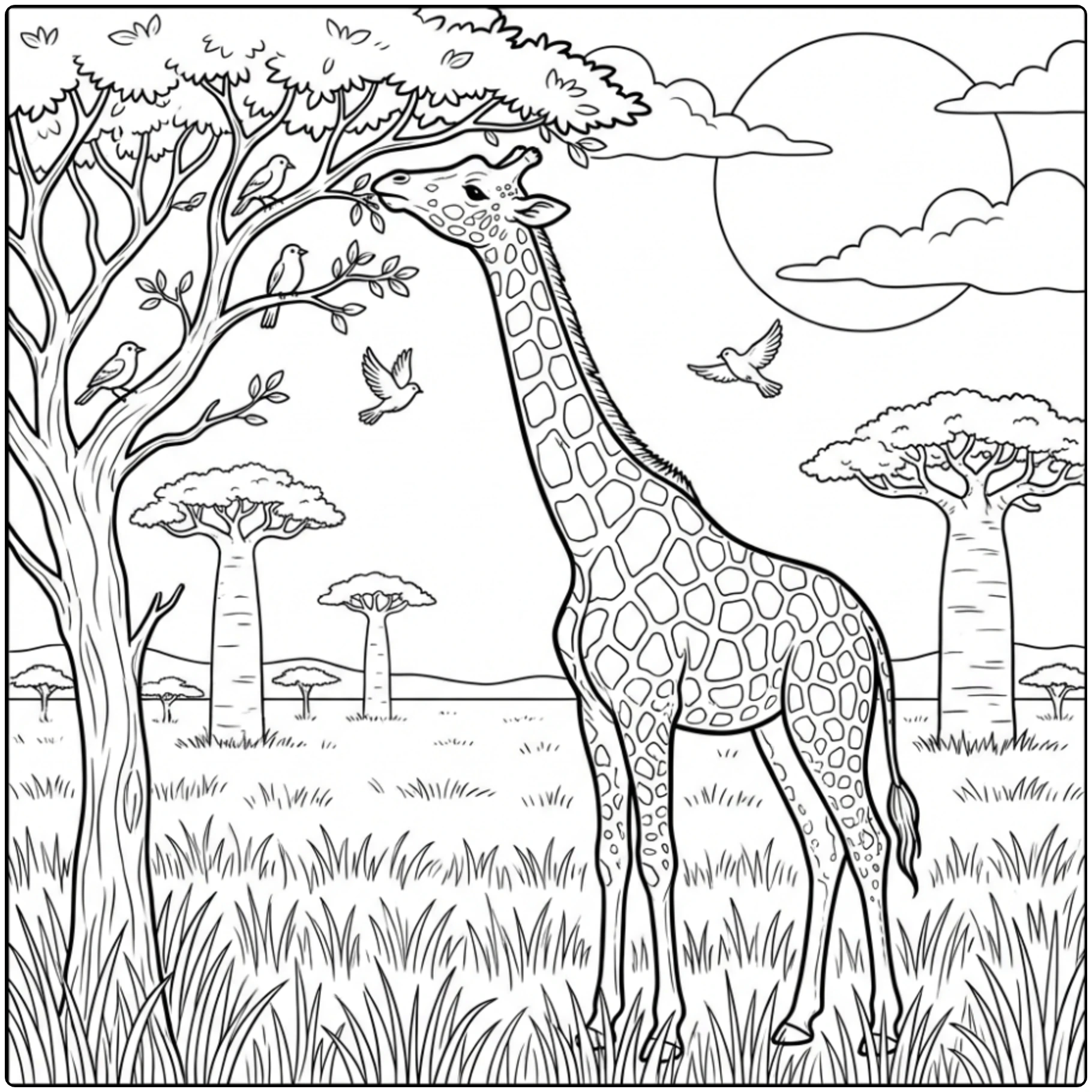 Animal coloring page of a giraffe eating leaves on safari.