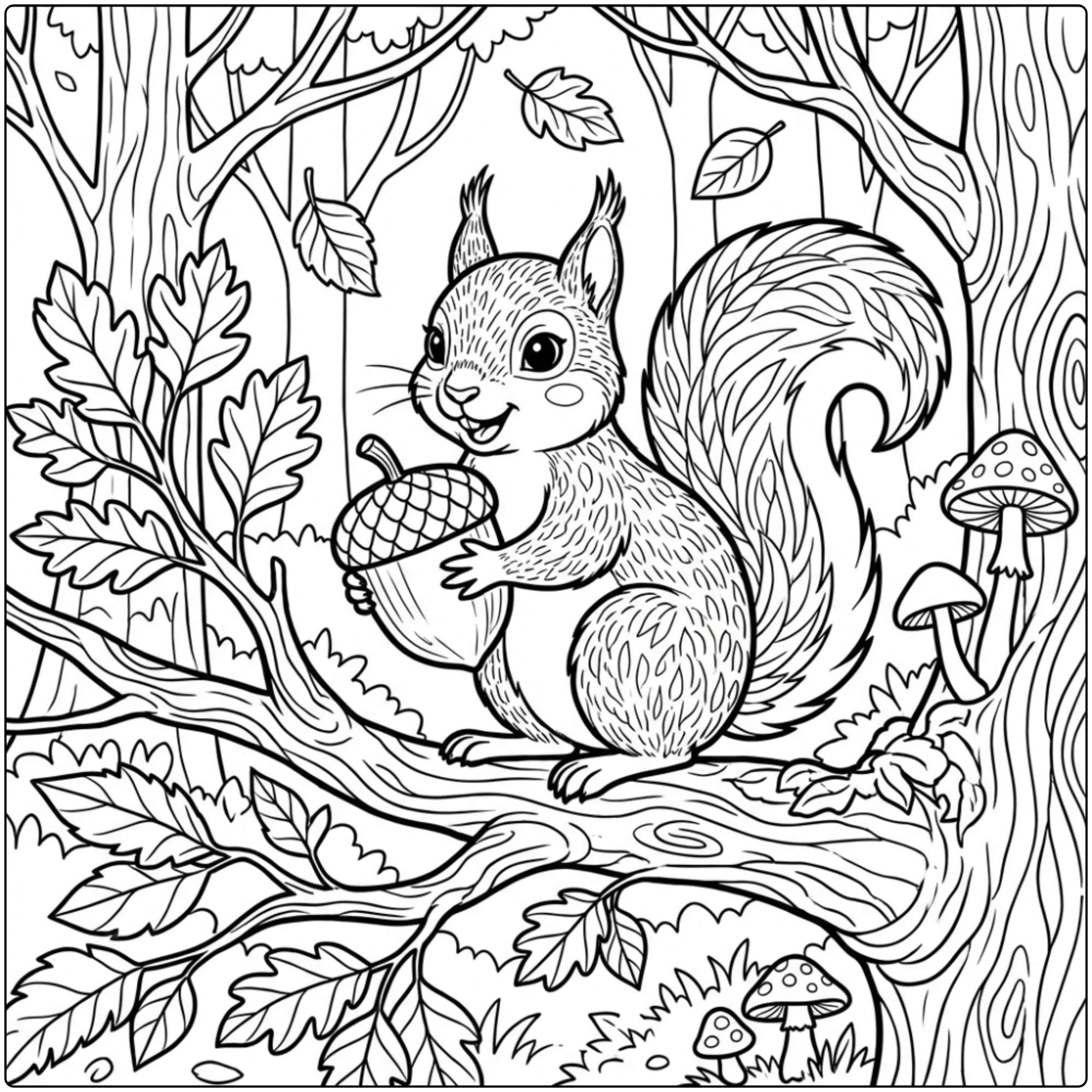 Animal coloring page: Squirrel with acorn on autumn branch