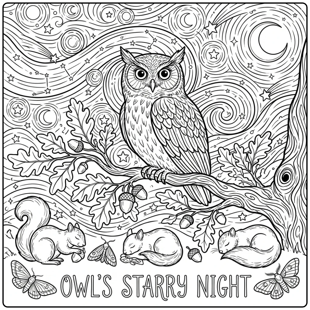 Animal coloring page with a wise owl on a branch at night