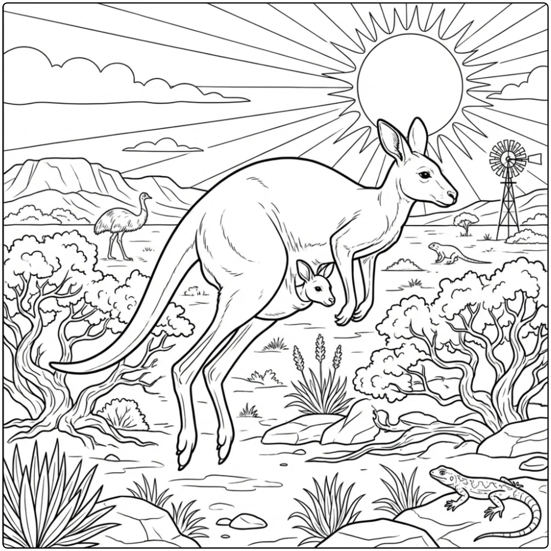 Jumping kangaroo in Australian bush Animal coloring page