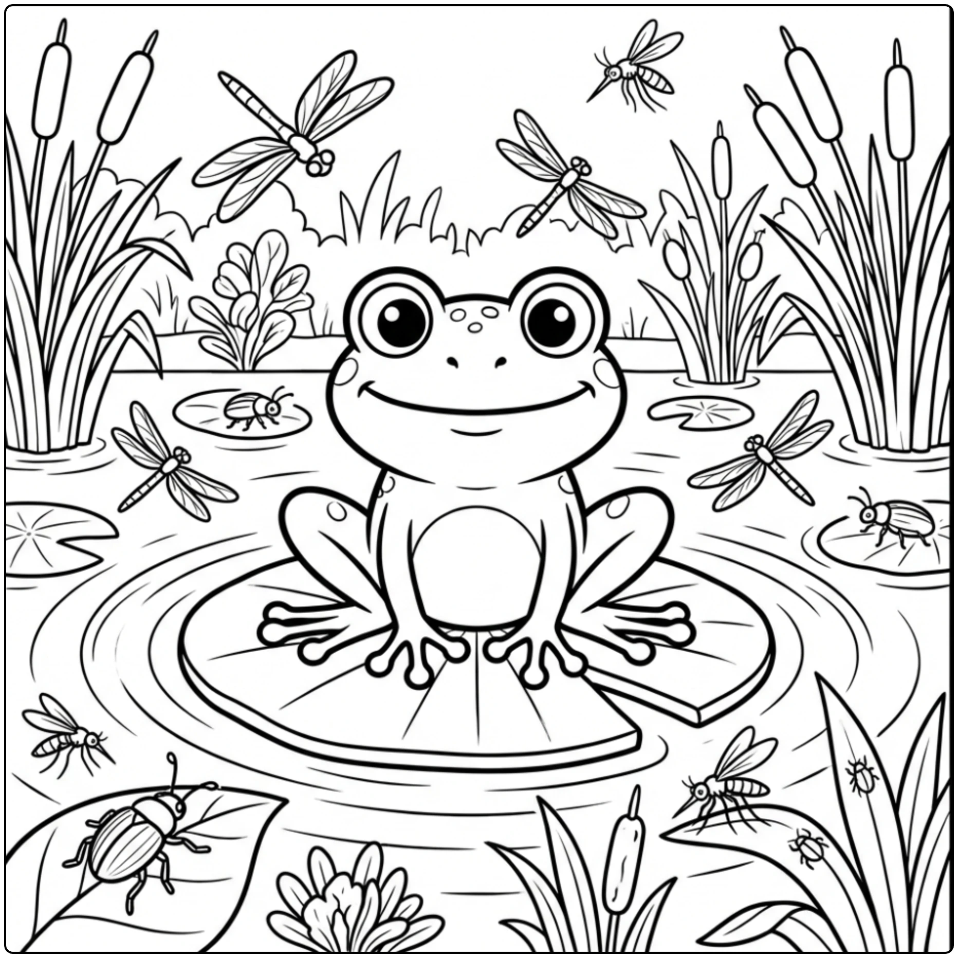 Animal coloring page showing a frog on a lily pad in a pond.