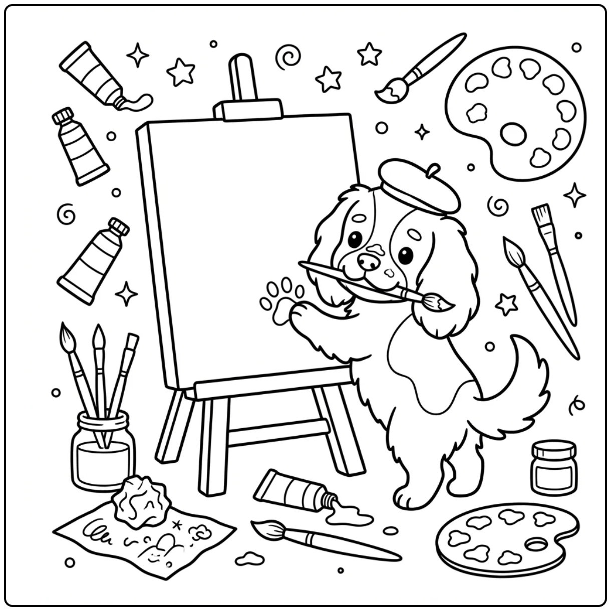 Cute Cavalier King Charles Spaniel coloring page with paint.