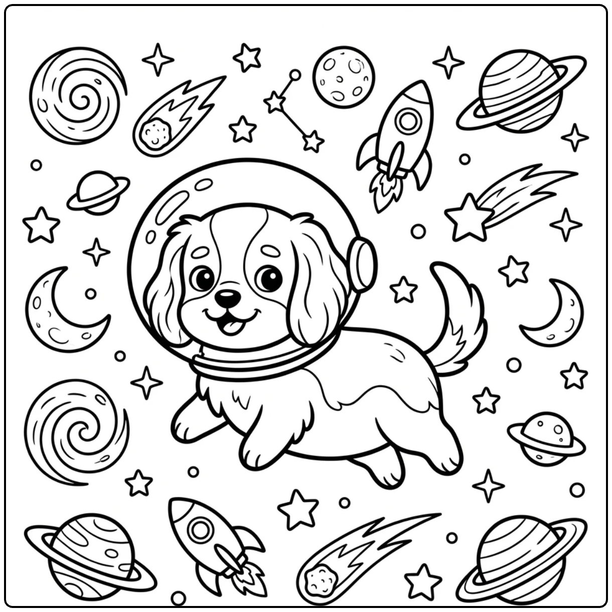 Space Cavalier King Charles Spaniel coloring page with stars.