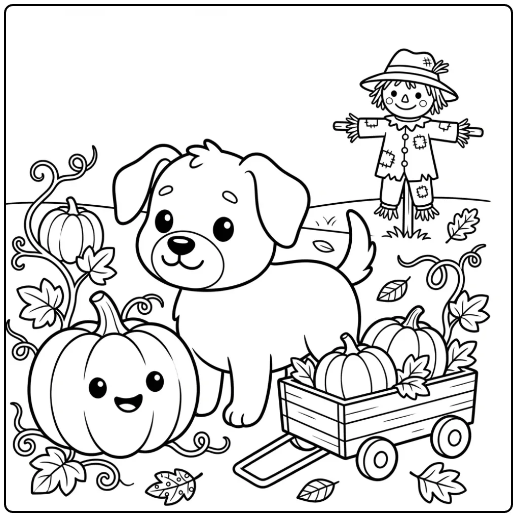 Cute Dog coloring page in a pumpkin patch with a wagon