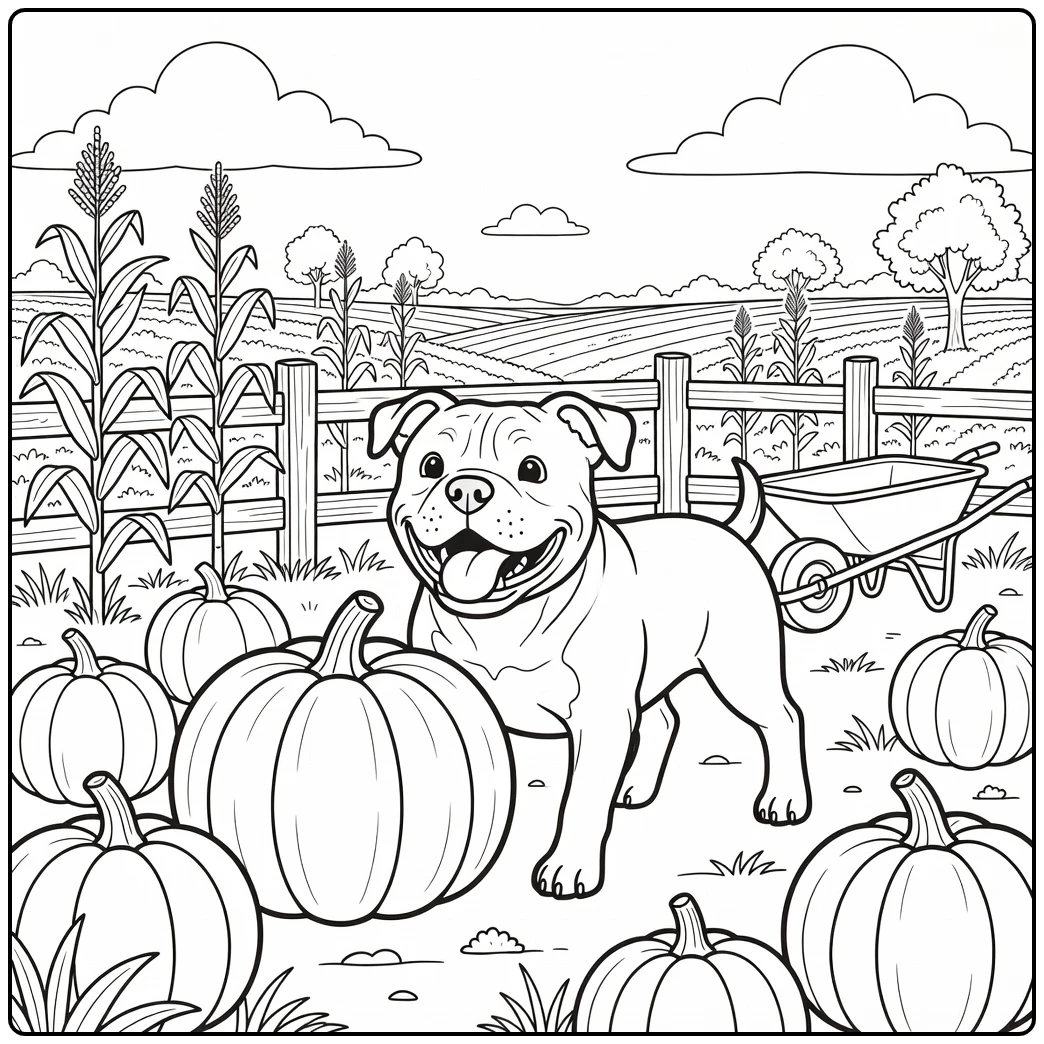 A friendly dog sniffing a pumpkin american bulldog coloring page.