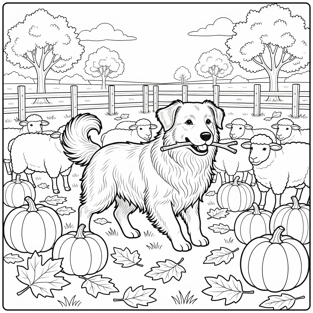 Playful sheepdog coloring page with stick in autumn field scene