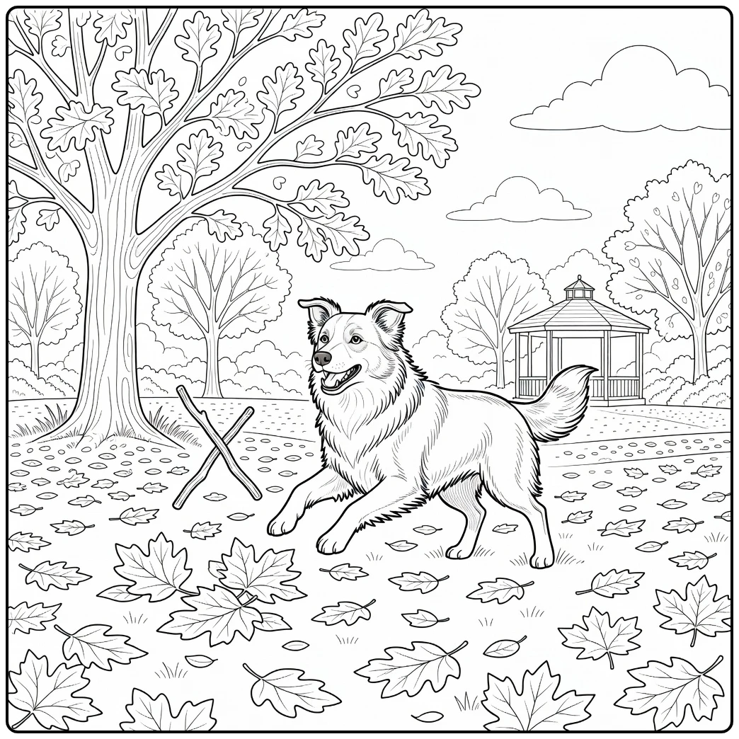 Energetic border collie coloring page playing fetch in autumn leaves.
