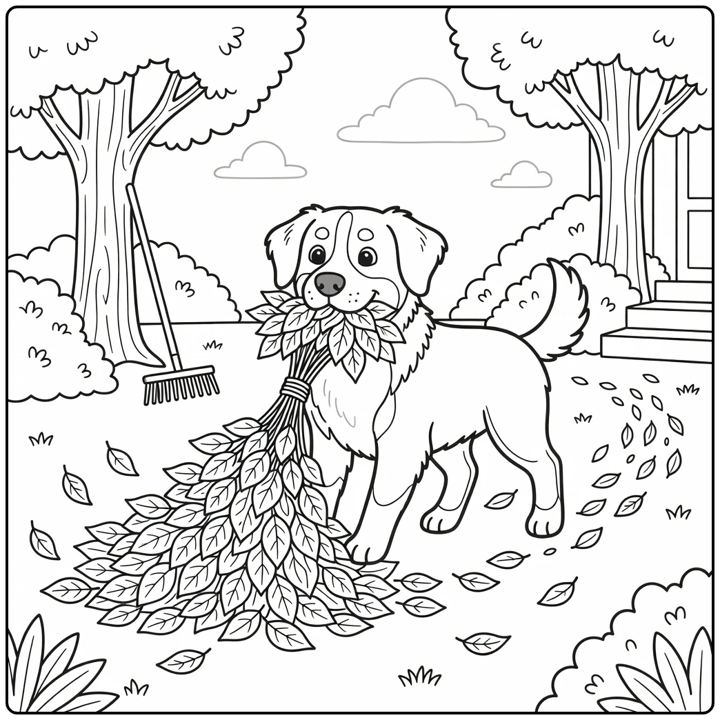 A bernese mountain dog coloring page of a dog pulling leaves.