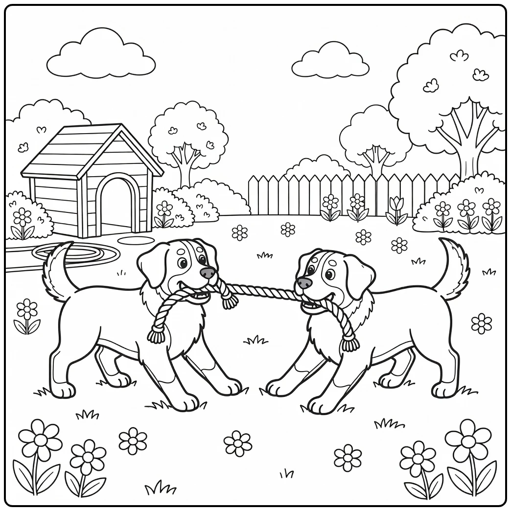 A playful tug-of-war bernese mountain dog coloring page.