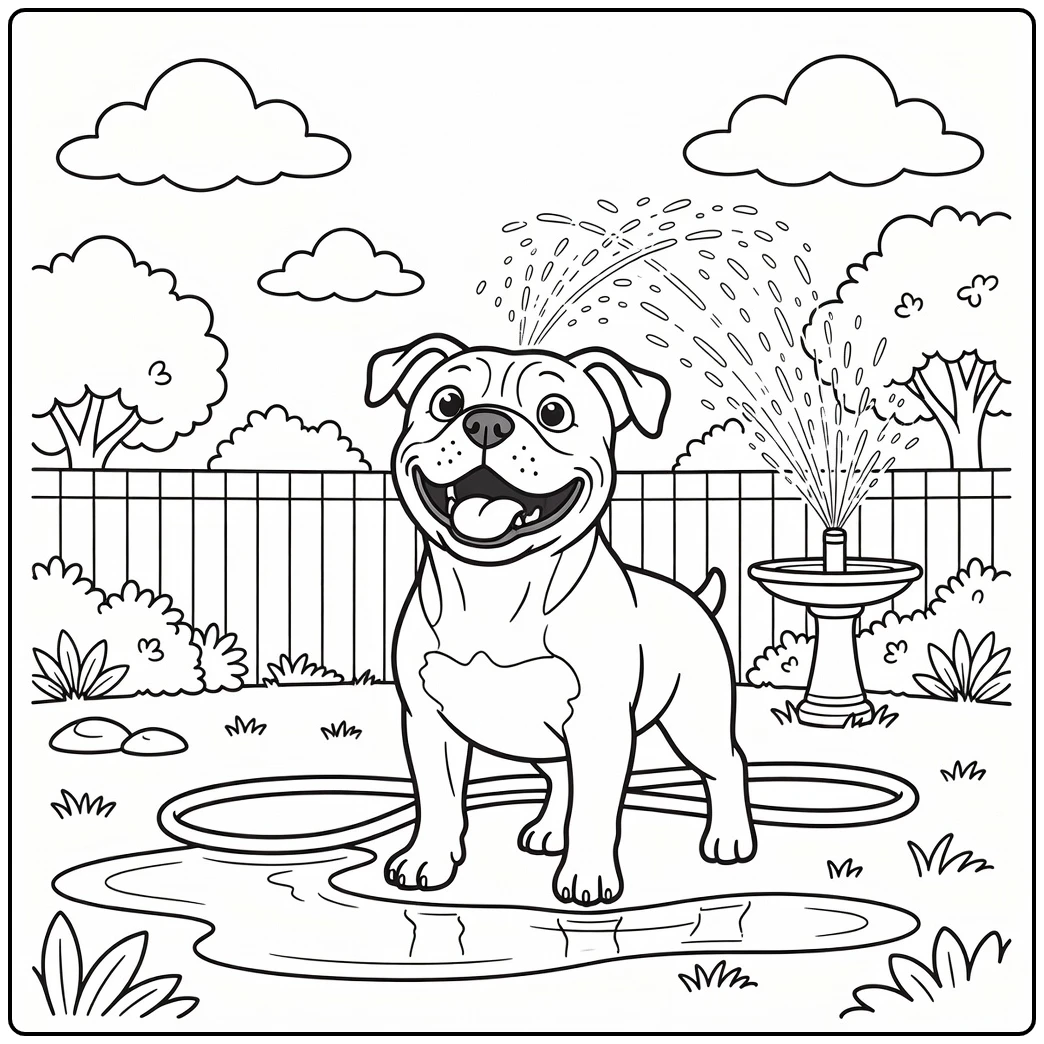 A happy dog playing in a sprinkler american bulldog coloring page.