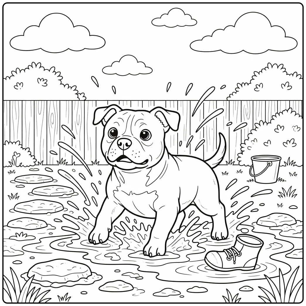 A fun american bully coloring page of a happy dog shaking off mud.