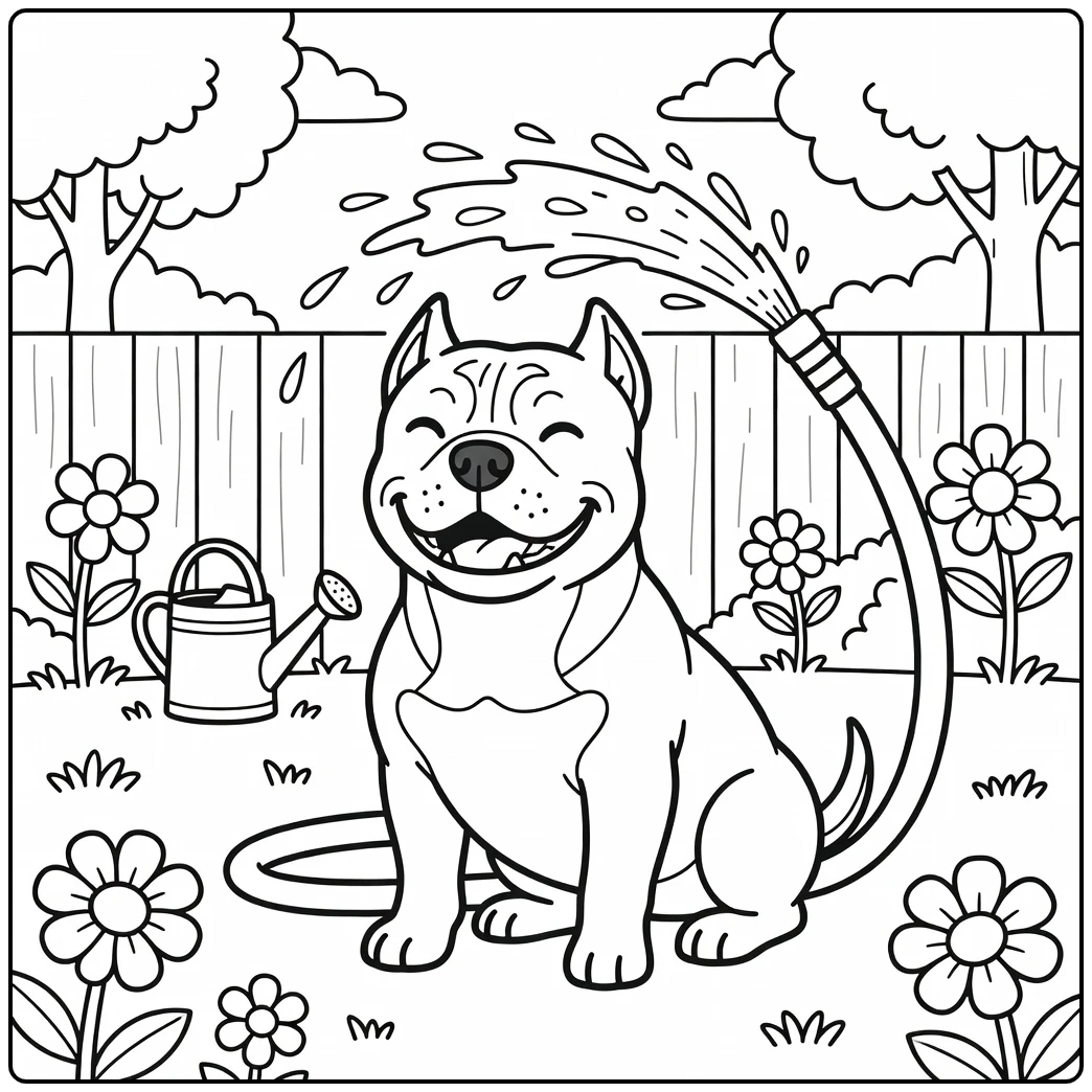 A cartoon american bully coloring page with a dog in a yard.