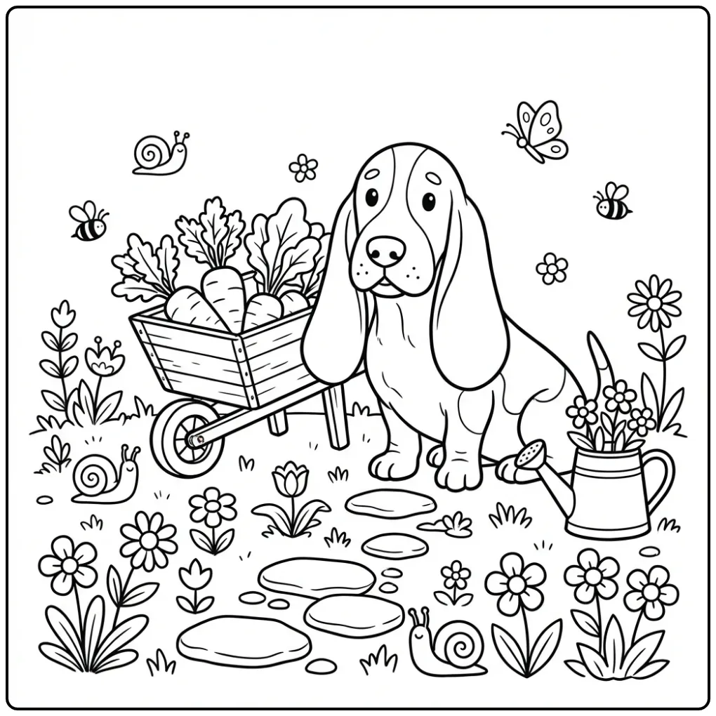 Cute Basset Hound gardening dog coloring page with vegetables.