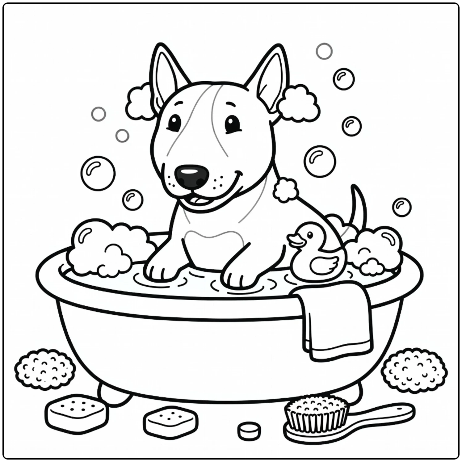 Cute Bull Terrier coloring page with a dog taking a bath.