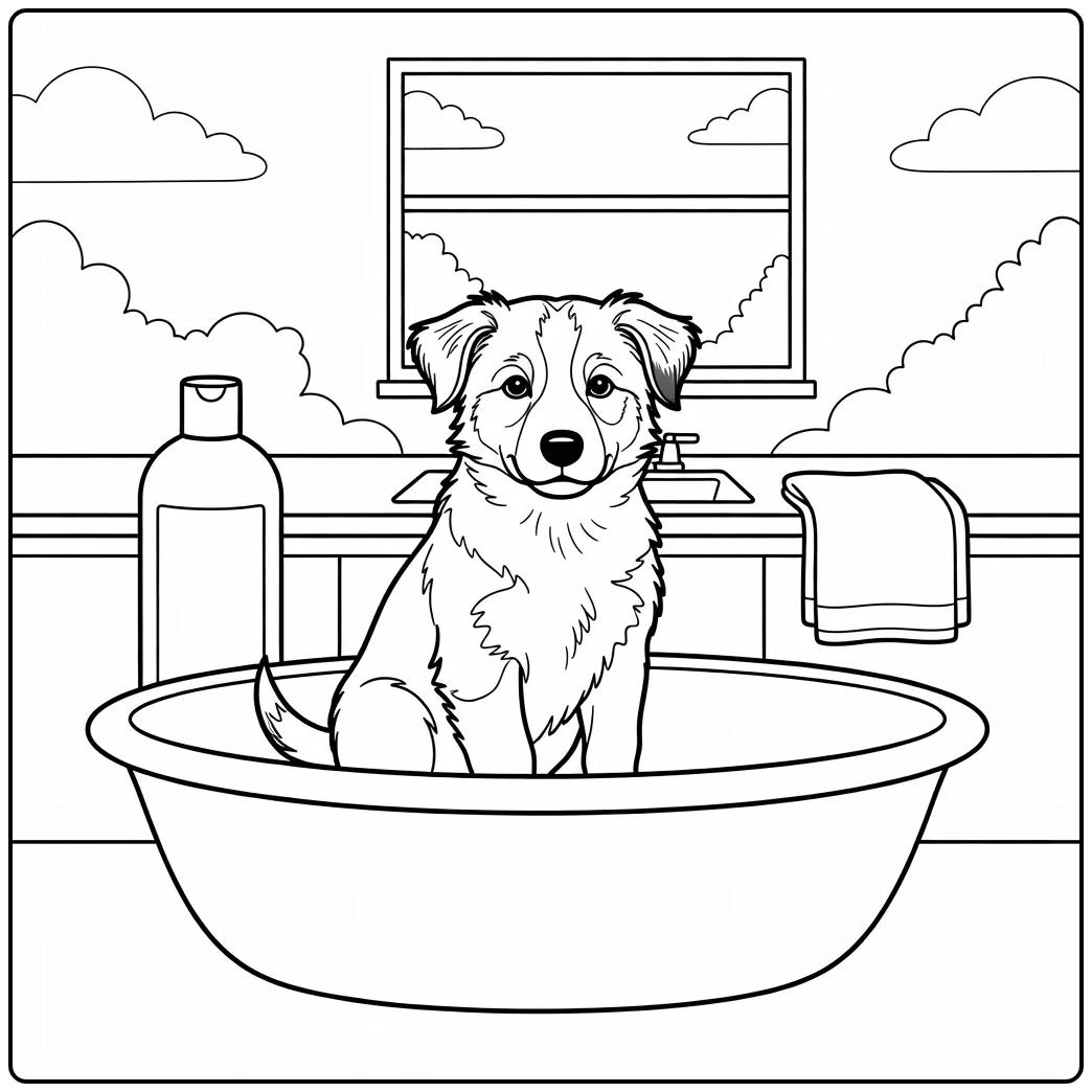 Cute border collie puppy coloring page in a bubbly bath tub.
