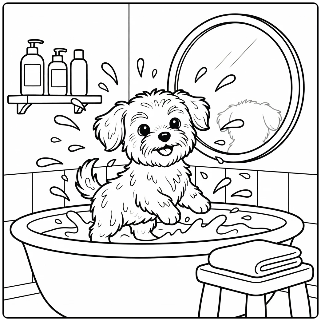 A happy puppy shaking off water on a maltese coloring page.