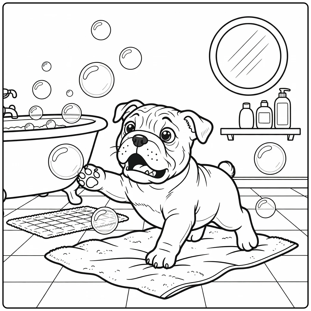 A silly puppy on an english bulldog coloring page slipping.