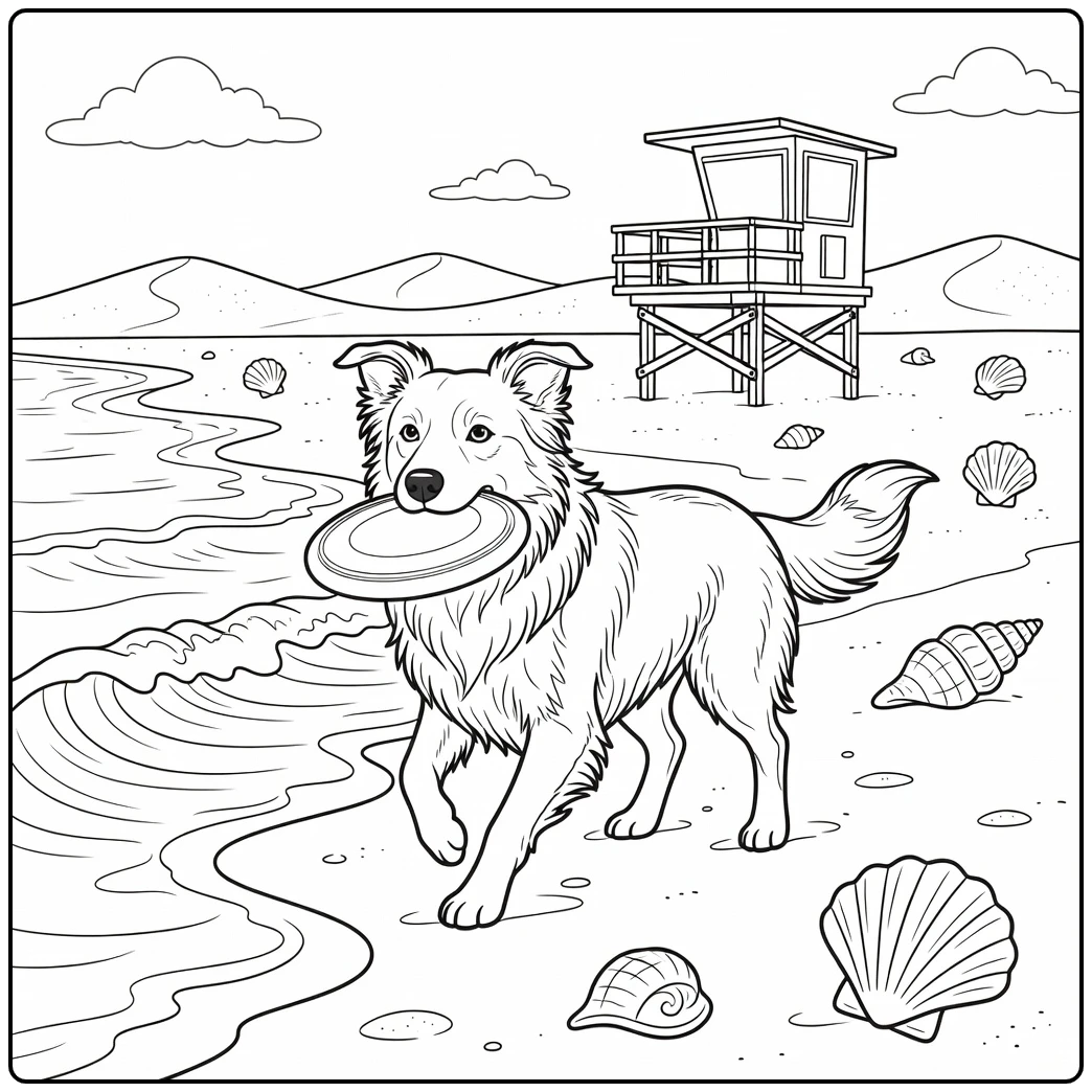 Playful border collie coloring page fetching frisbee at the beach.