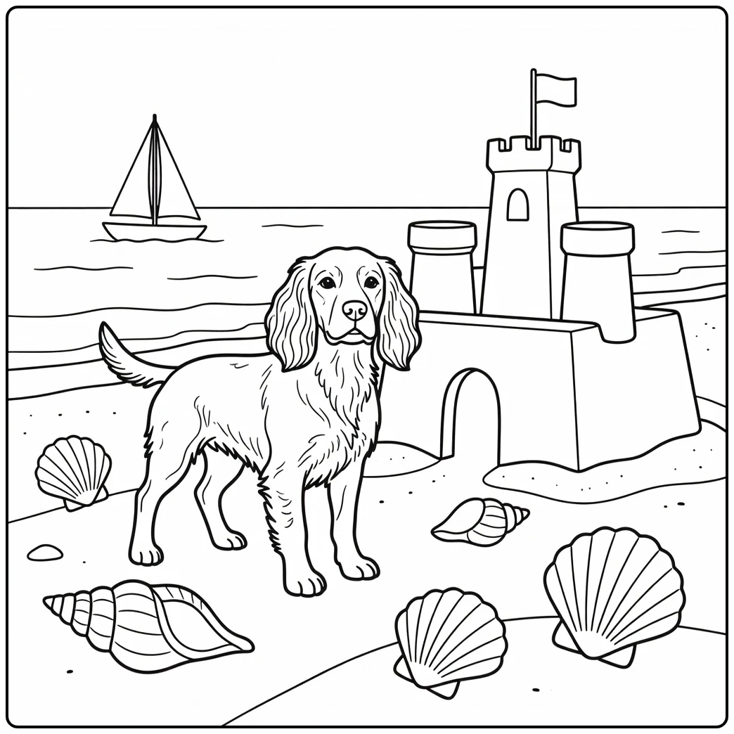 Happy springer spaniel coloring page by a sandcastle at the beach.