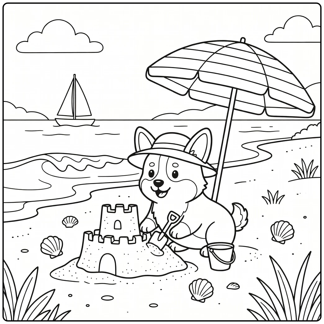 A Corgi wearing a sun hat on a cute dog coloring page.