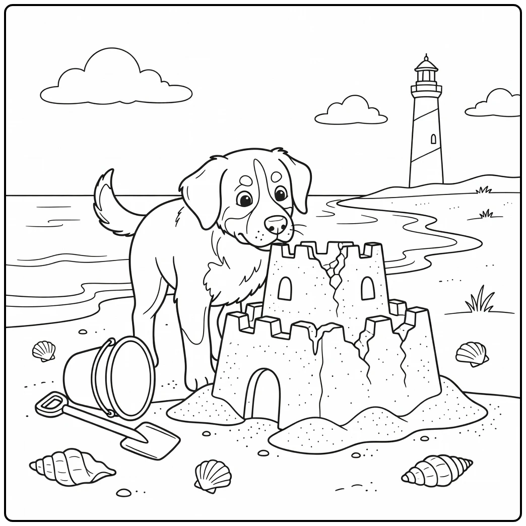 A curious bernese mountain dog coloring page at the beach.