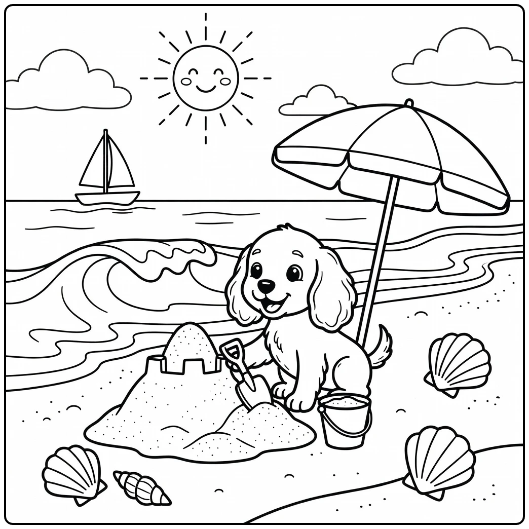 A cute puppy on a fun cocker spaniel coloring page at the beach.