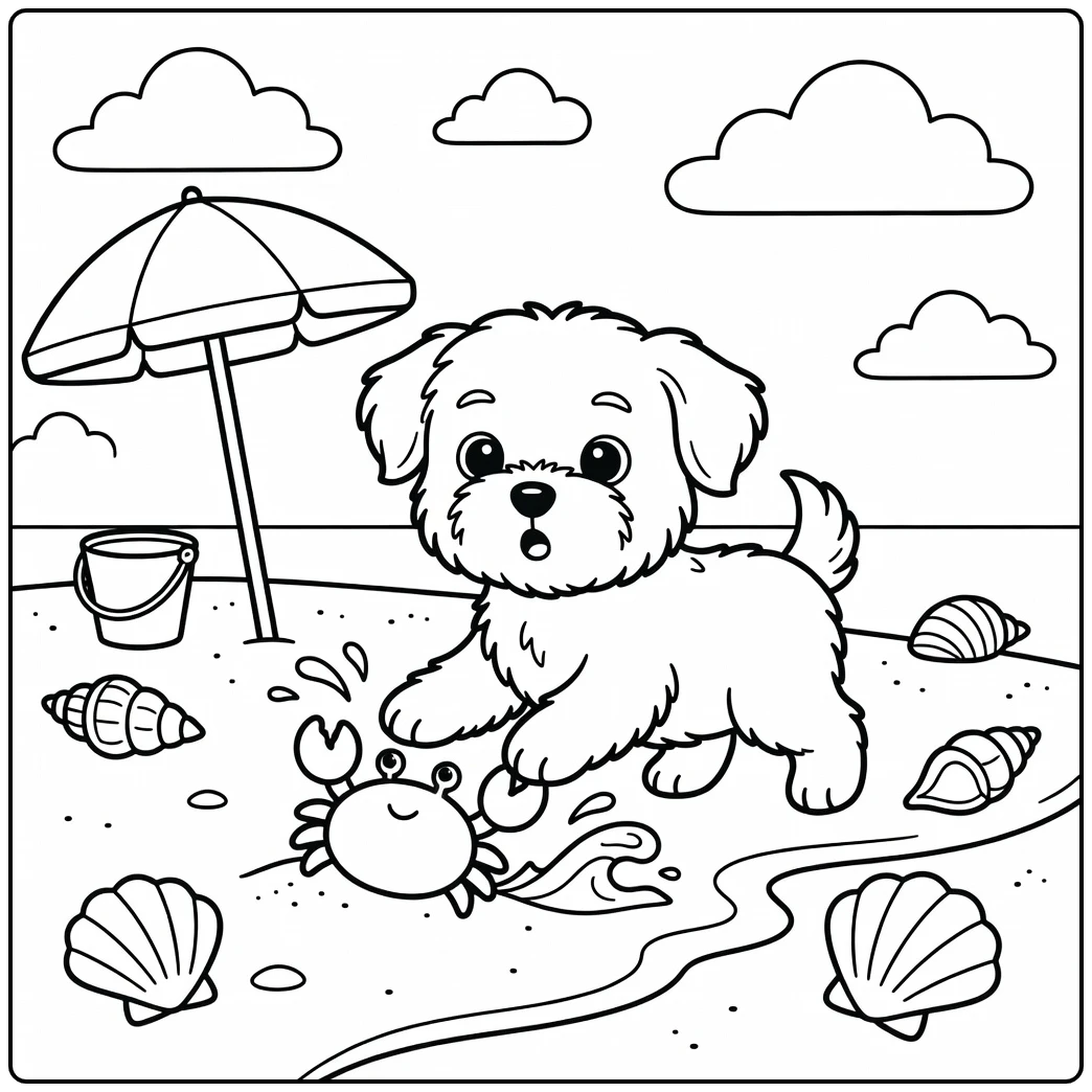 A surprised puppy gets splashed by a wave on this maltese coloring page.