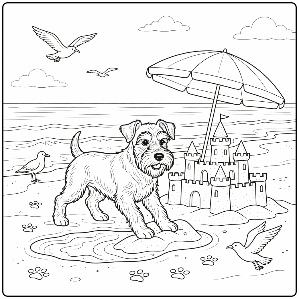 Playful schnauzer coloring page digging at beach with umbrella.