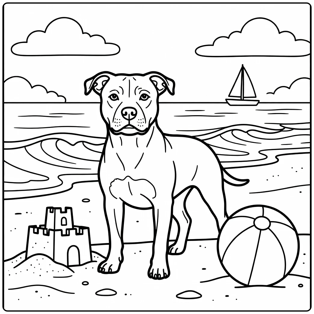 Happy staffordshire bull terrier coloring page enjoying a sunny beach day.