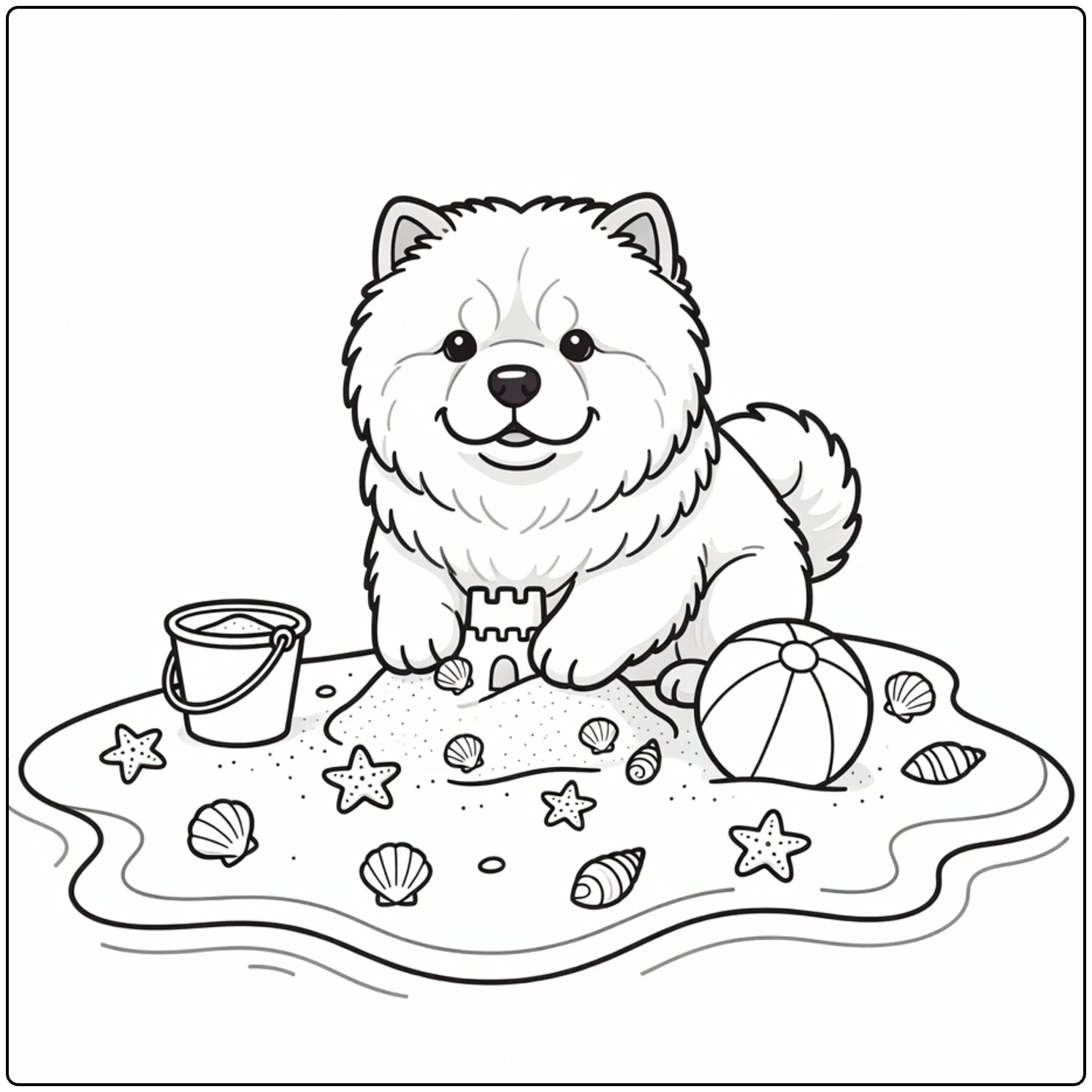 Fluffy Chow Chow coloring page at the beach with sandcastle.