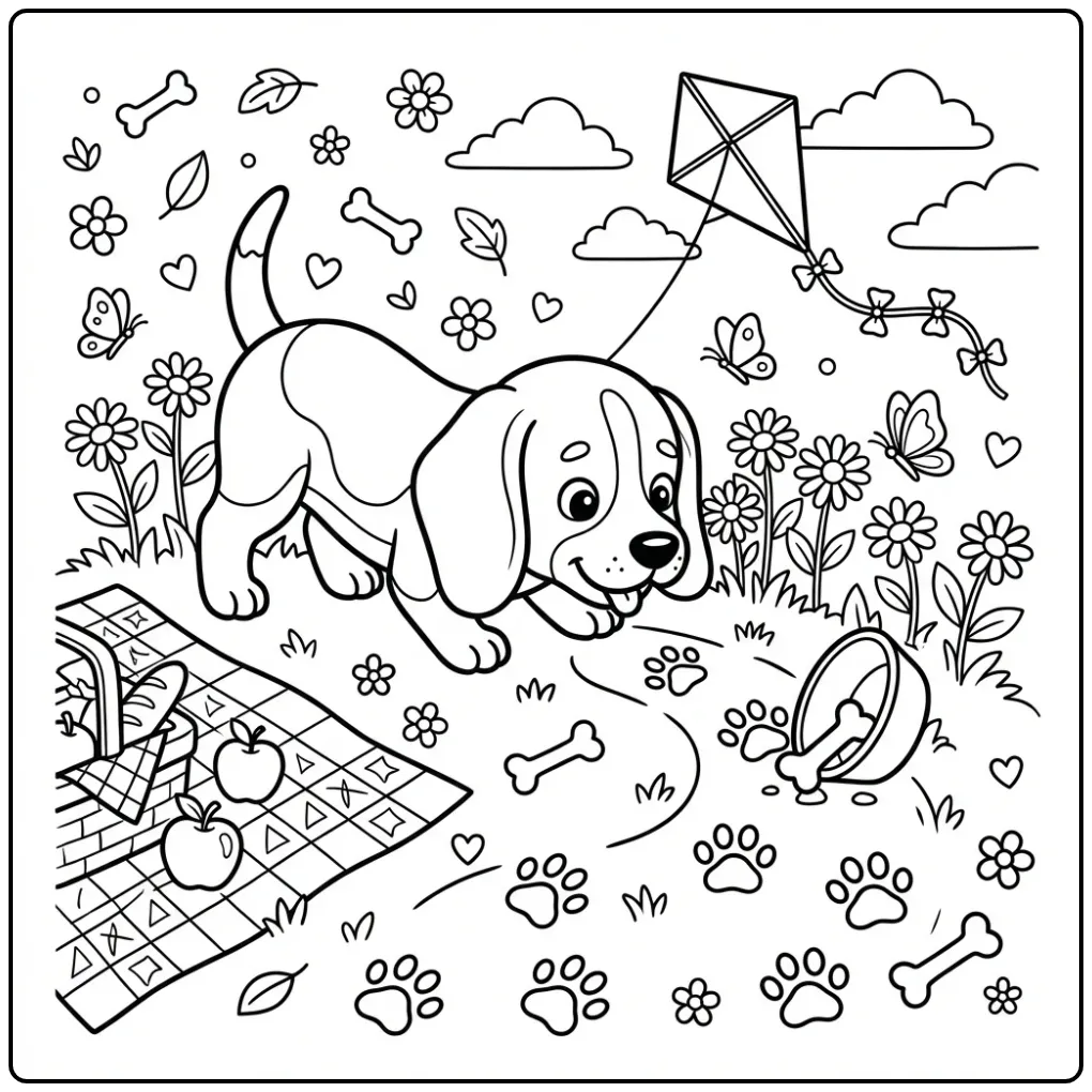Cute beagle sniffing paw prints Dog coloring page.