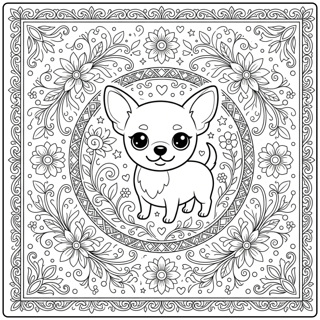 Chihuahua coloring page for adults: intricate floral frame.