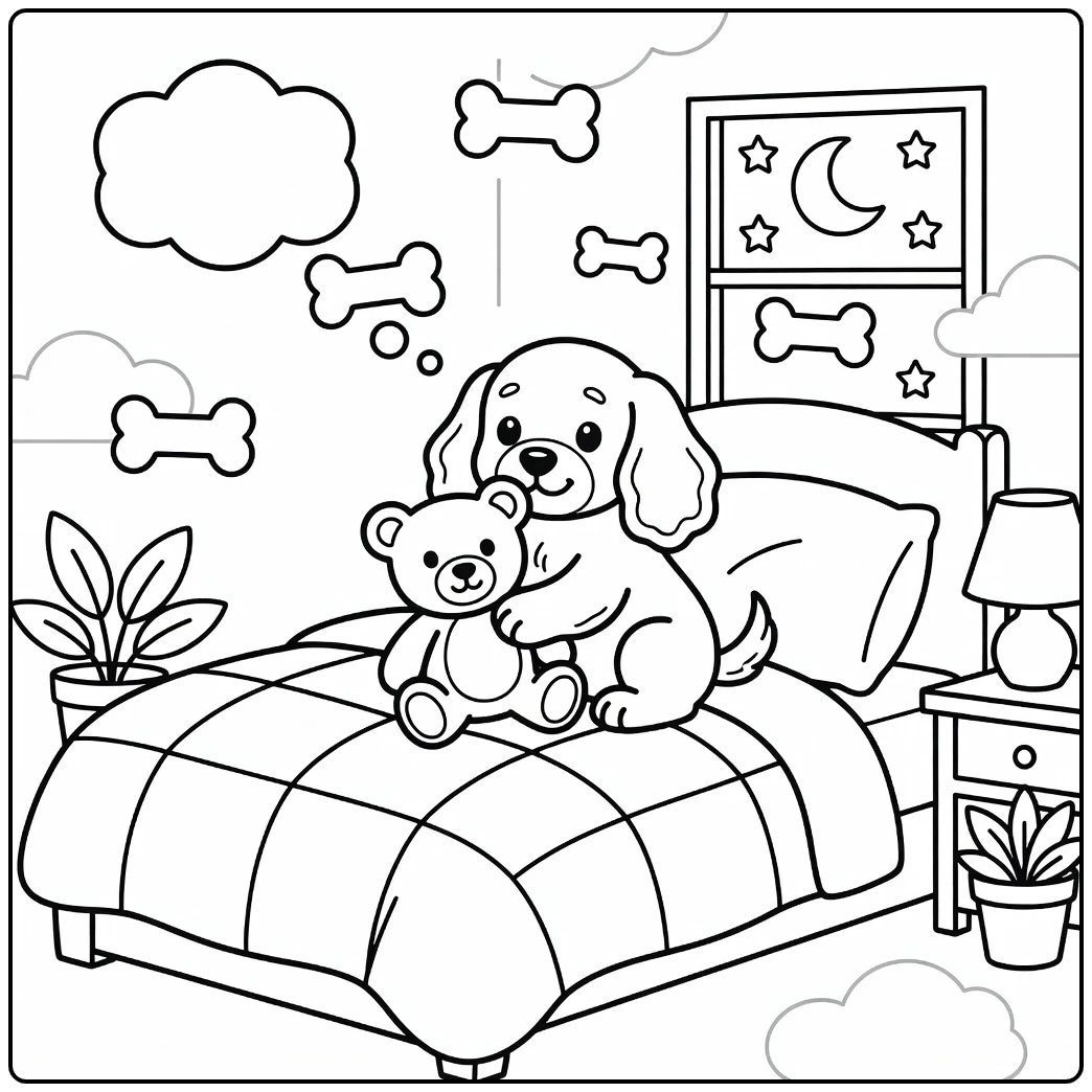 A sweet puppy in pajamas for a cute dog coloring page.