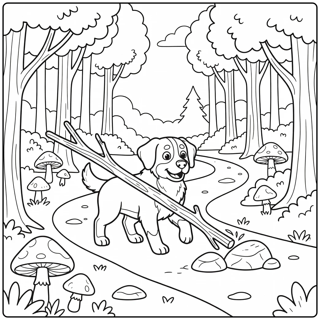 A funny bernese mountain dog coloring page with a big stick.
