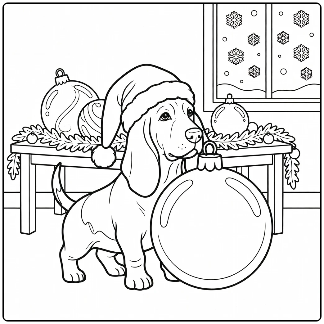 Basset Hound carrying huge ornament - funny christmas dog coloring page