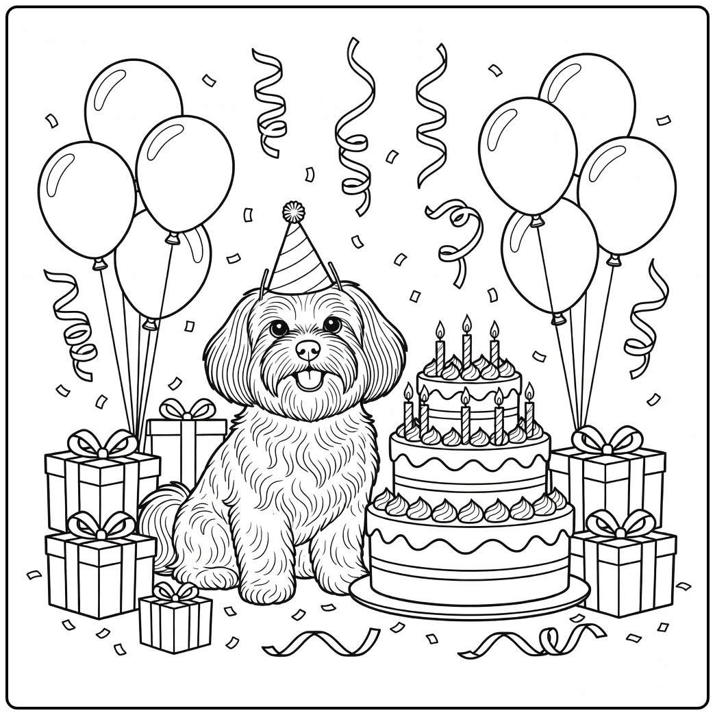 Festive Havanese coloring page dog at a birthday party scene