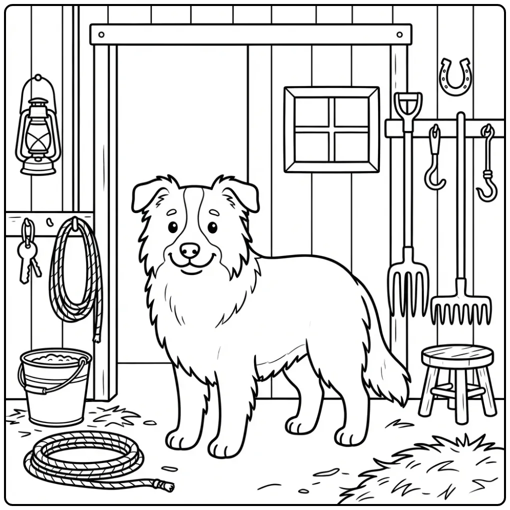 Dog coloring page of a Border Collie standing in a barn.