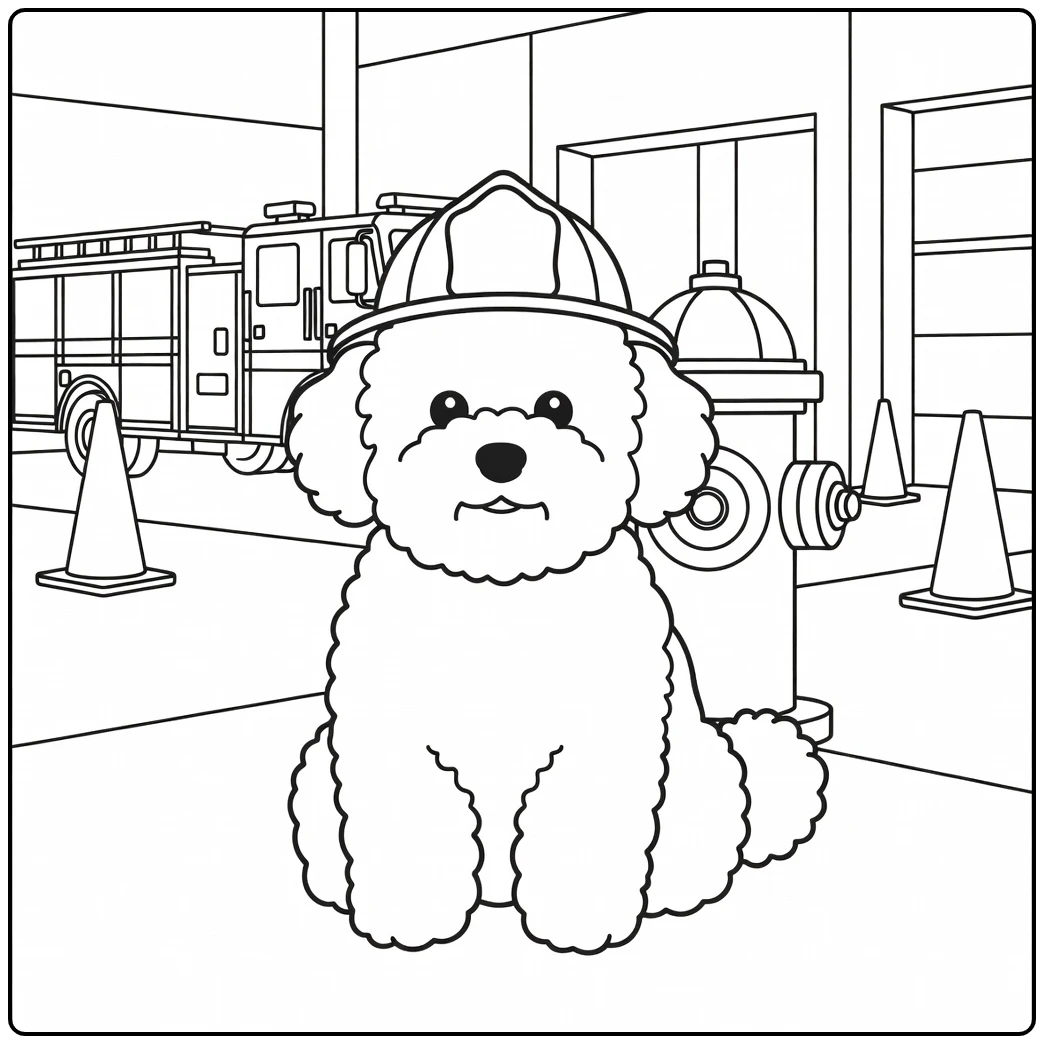 Fluffy bichon frise coloring page, a firefighter dog at the station.