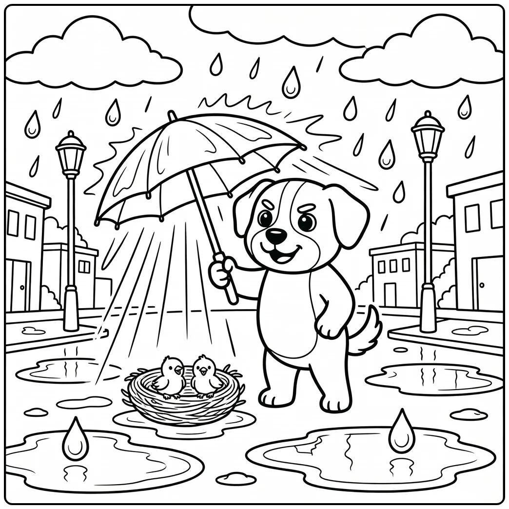 A heroic super dog coloring page with a dog protecting a nest.