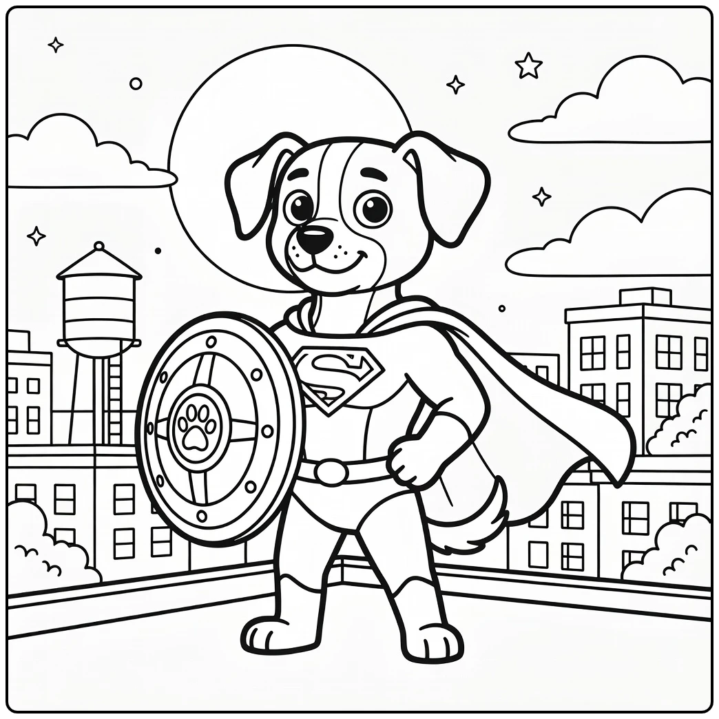 A heroic cartoon super dog coloring page with a shield.