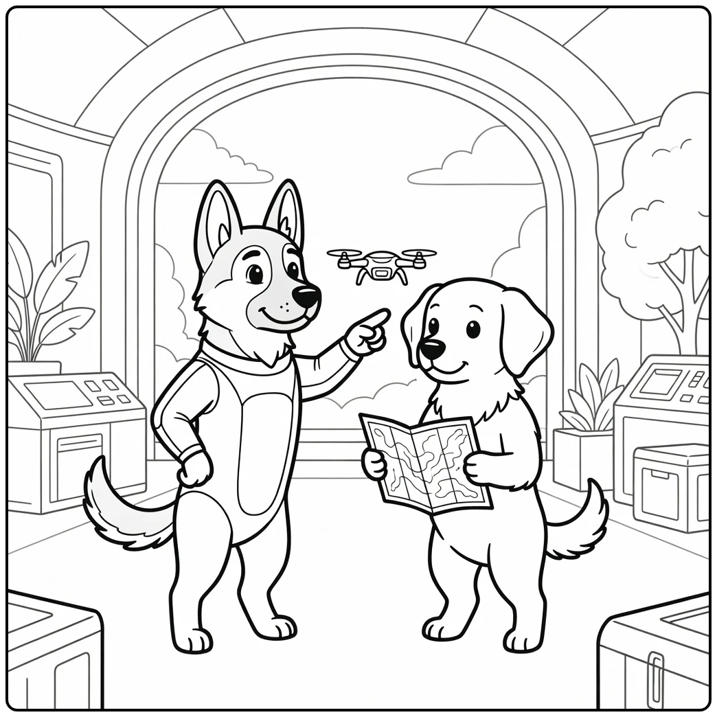 Two heroic dogs in a hangar on this super dog coloring page.