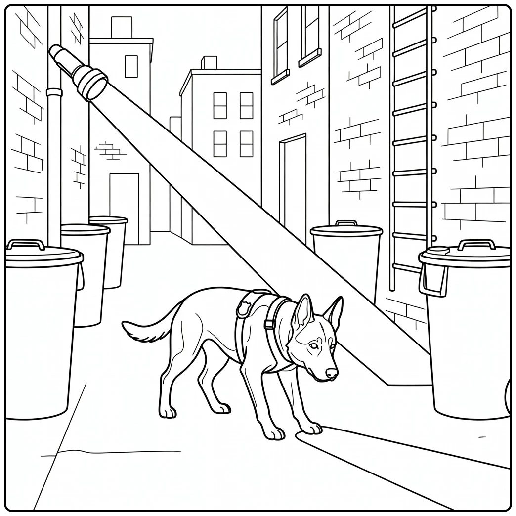 Police dog coloring page: K9 hero searching a dark alley with a spotlight.