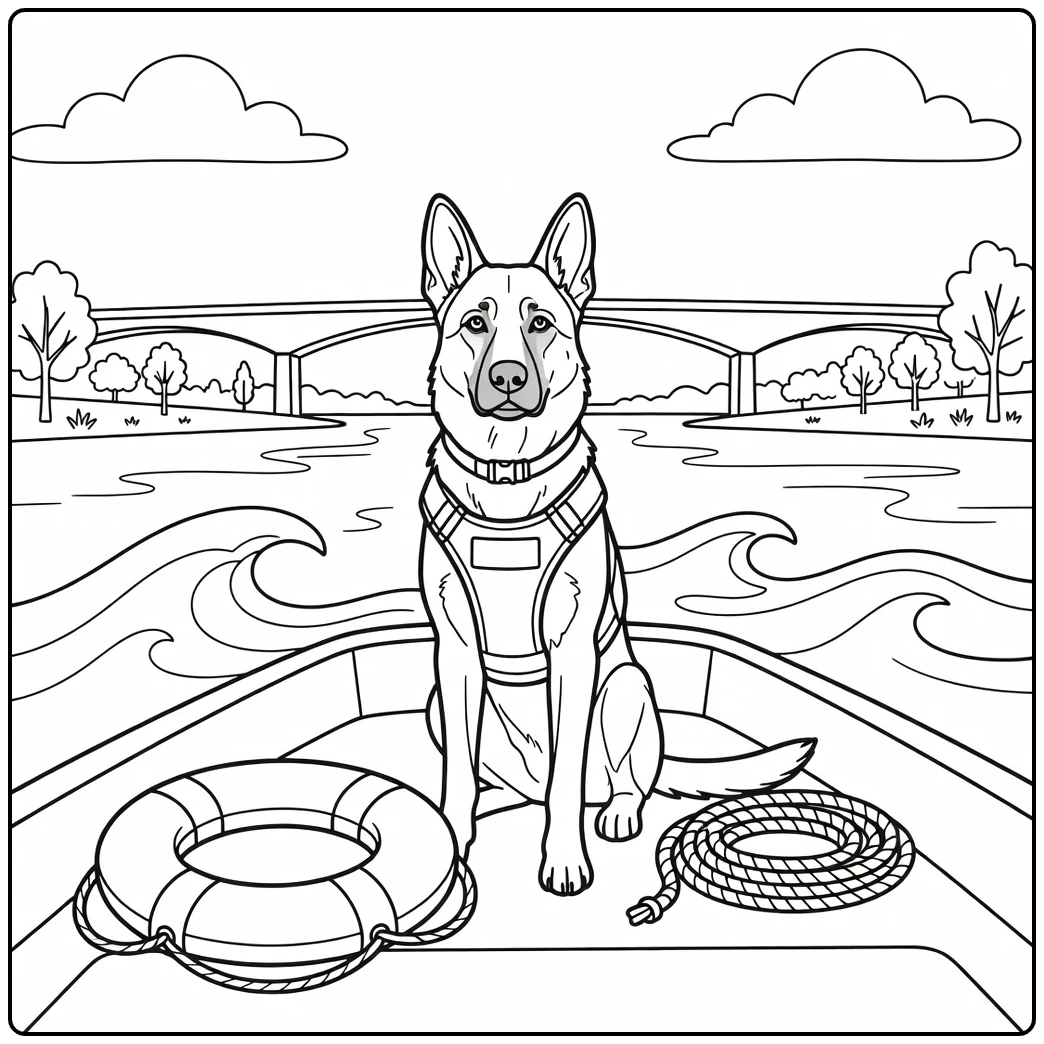 Police dog coloring page on river patrol boat with K9 vest