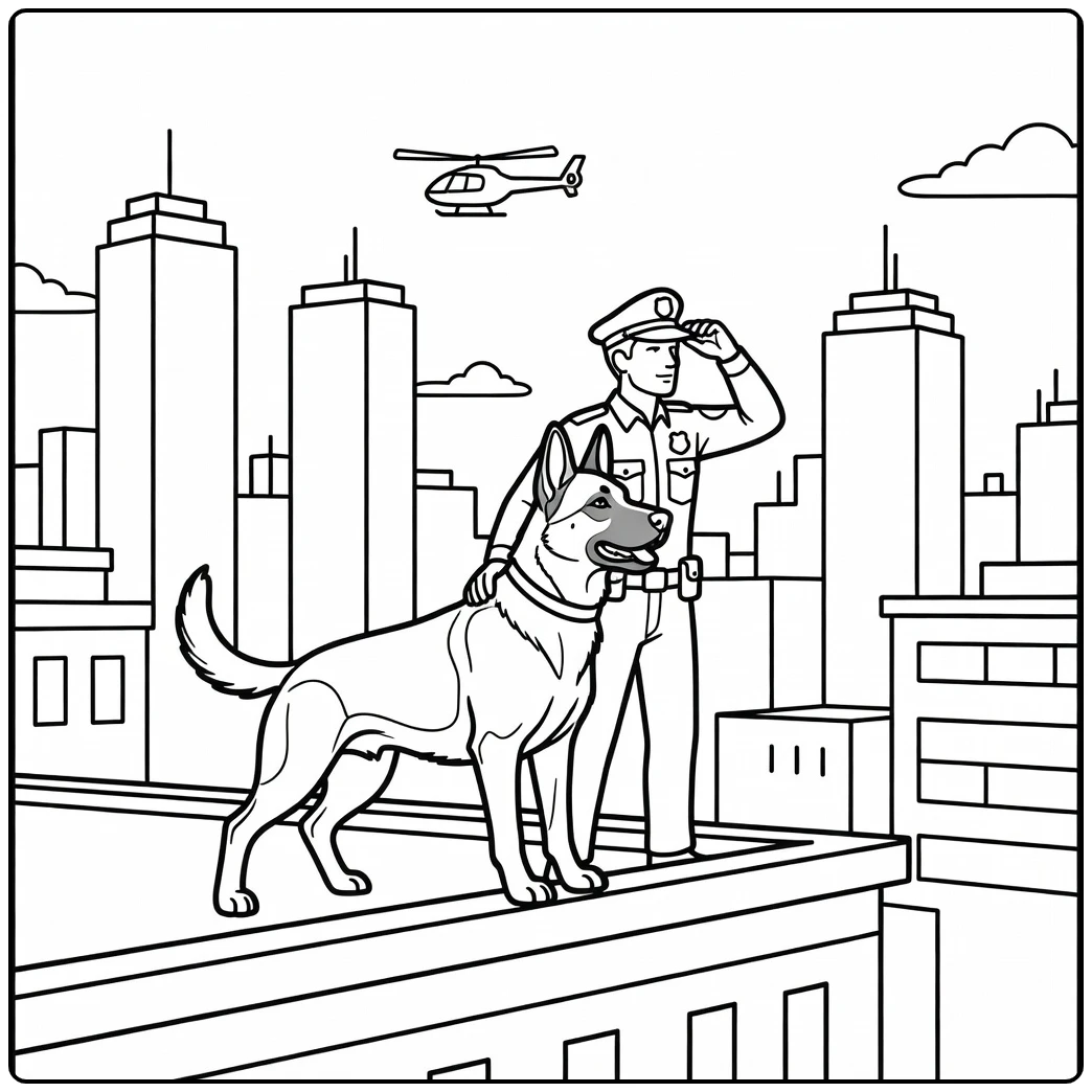 Heroic police dog coloring page on a city rooftop with handler.