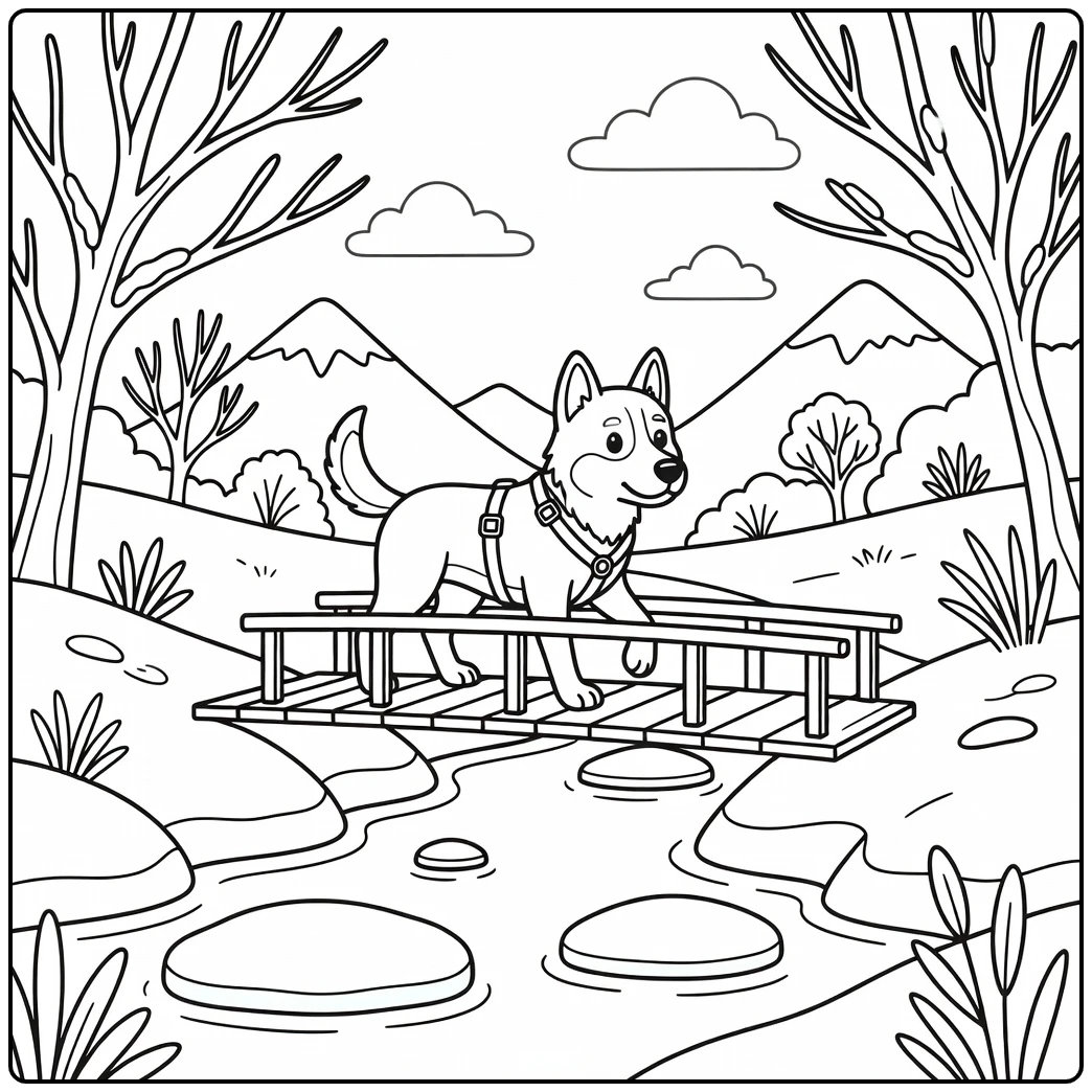 A cartoon sled dog coloring page of a pup on a wooden bridge.