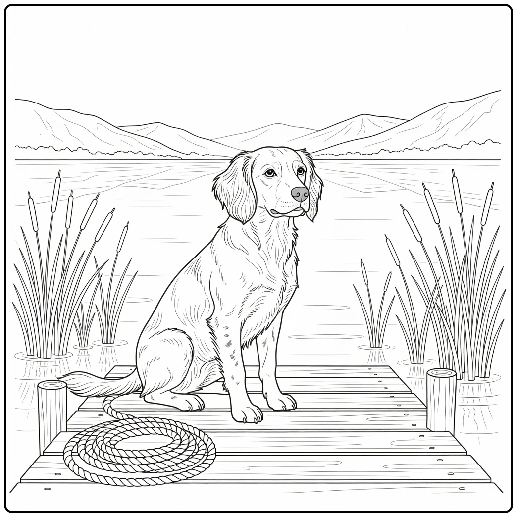 Gentle Brittany spaniel coloring page on dock by lake, mountains