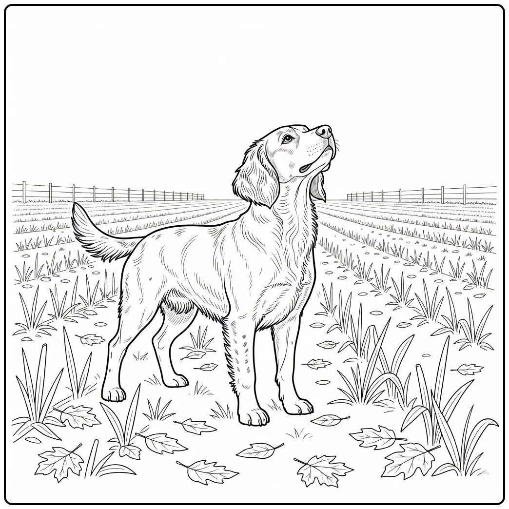 Alert brittany spaniel coloring page in a dawn cornfield.