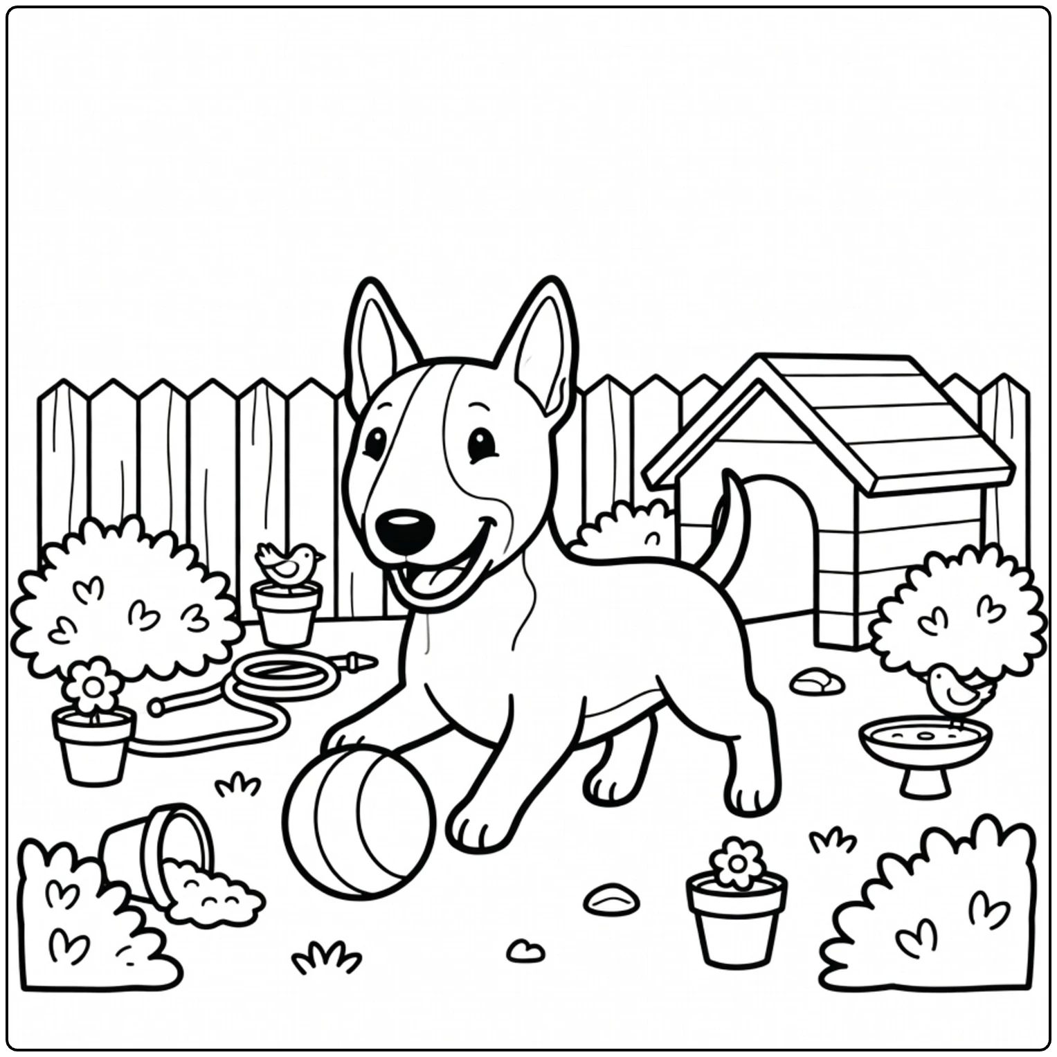 Cute dog playing with a ball on a Bull Terrier coloring page