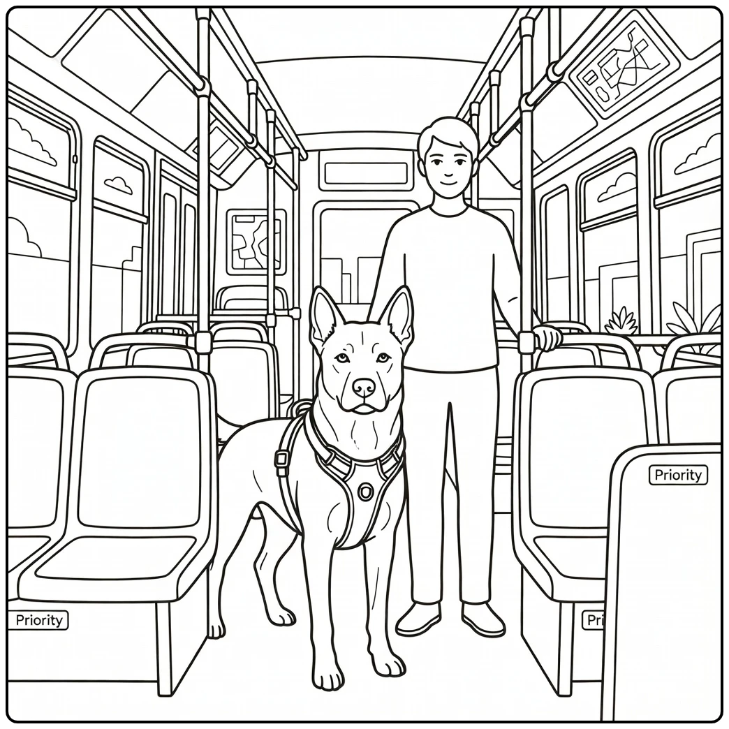 Attentive service dog coloring page on a bus with handler.